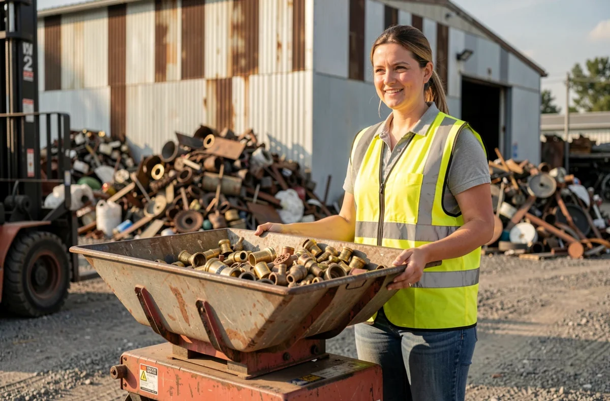 Marchande de ferraille pesant du laiton sur balance industrielle dans une cour de recyclage