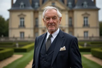 Portrait d'un homme politique français en costume devant un château de la Loire, illustrant la question du patrimoine familial et de la fortune personnelle