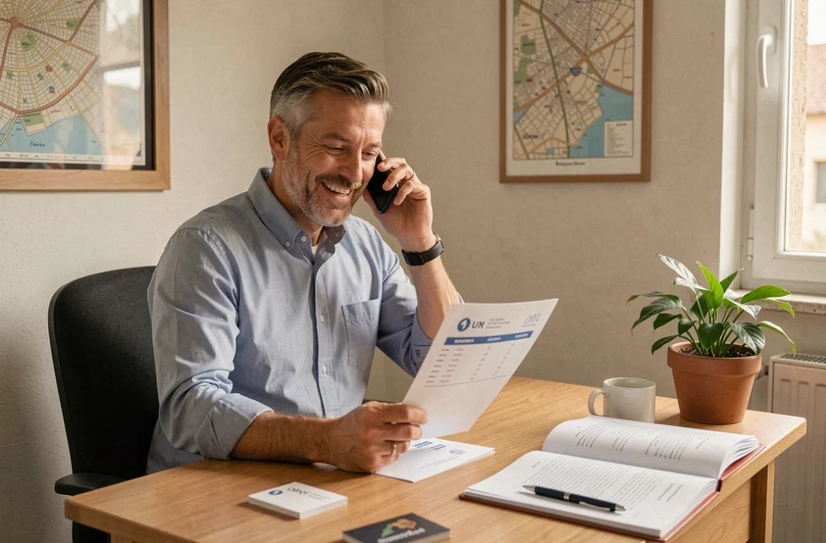 Pierre, courtier indépendant à Montauban, en consultation téléphonique dans son bureau personnel avec un dossier de prêt immobilier
