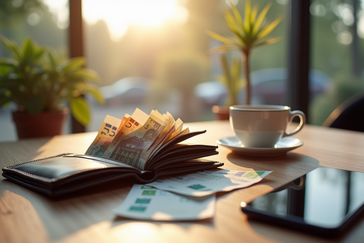 Portefeuille ouvert avec billets et reçus sur une table de cuisine