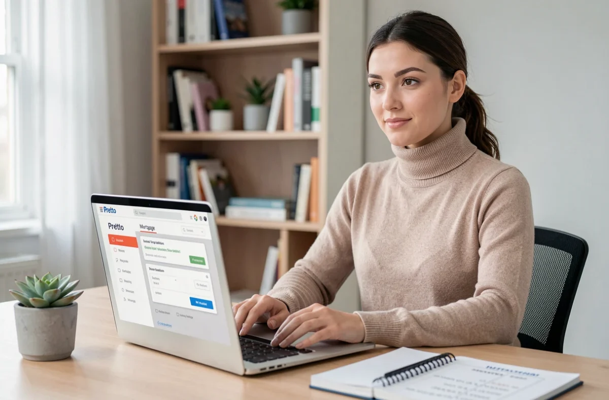 Utilisatrice de la plateforme Pretto simulant un crédit immobilier en ligne depuis son bureau à domicile