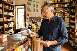 Touriste français comparant les prix du tabac dans un bureau de tabac espagnol près de la frontière