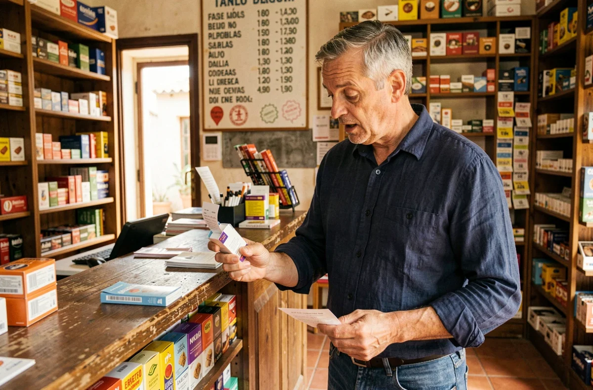 Touriste français comparant les prix du tabac dans un bureau de tabac espagnol près de la frontière