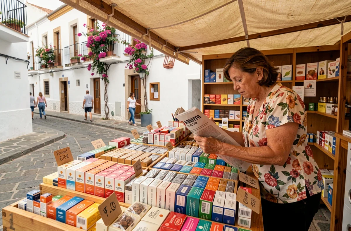 Étal de tabac espagnol en plein air avec prix affichés en euros dans une ville côtière espagnole