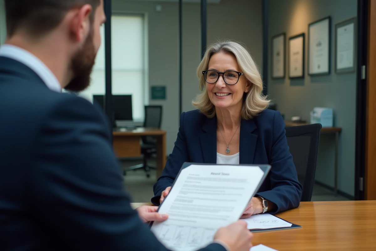 Une femme et un conseiller bancaire examinent un document de procuration bancaire dans un bureau professionnel