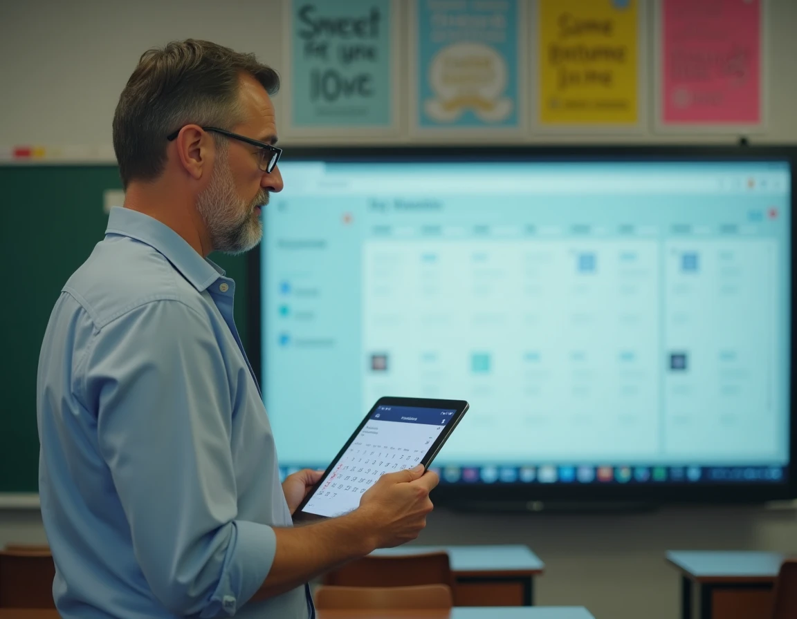 Professeur consultant un calendrier de versement de salaire sur tablette dans une salle de classe