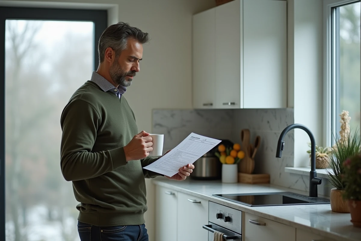 Professeur masculin consultant le calendrier de versement des salaires 2026 dans une cuisine moderne avec un café