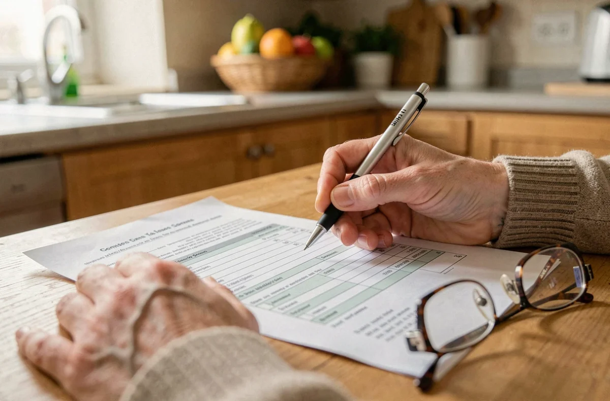 Gros plan de mains remplissant une déclaration de revenus française sur une table de cuisine, stylo et lunettes posés sur le formulaire