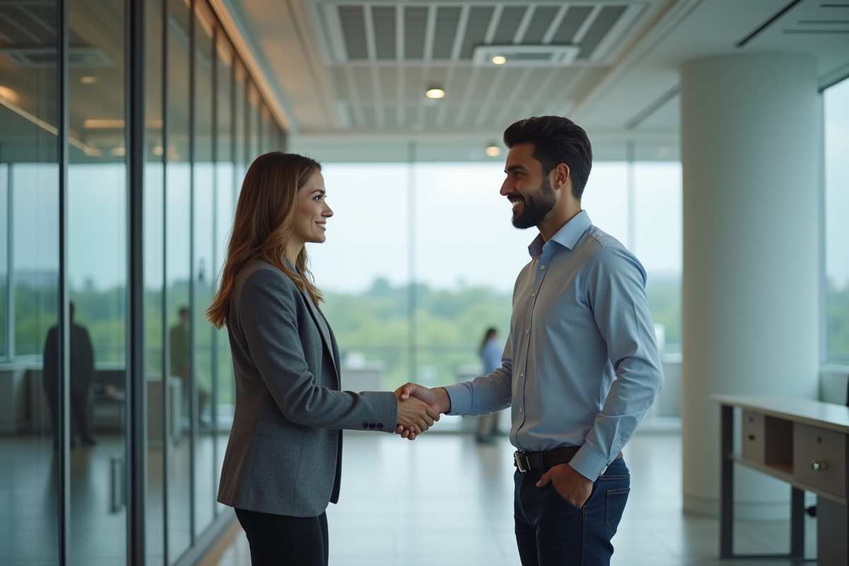 Jeune homme serrant la main d une conseillère bancaire moderne