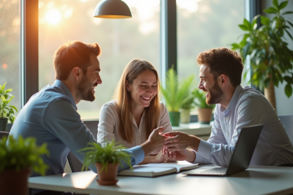 Jeune couple souriant rencontrant un conseiller financier dans un bureau lumineux
