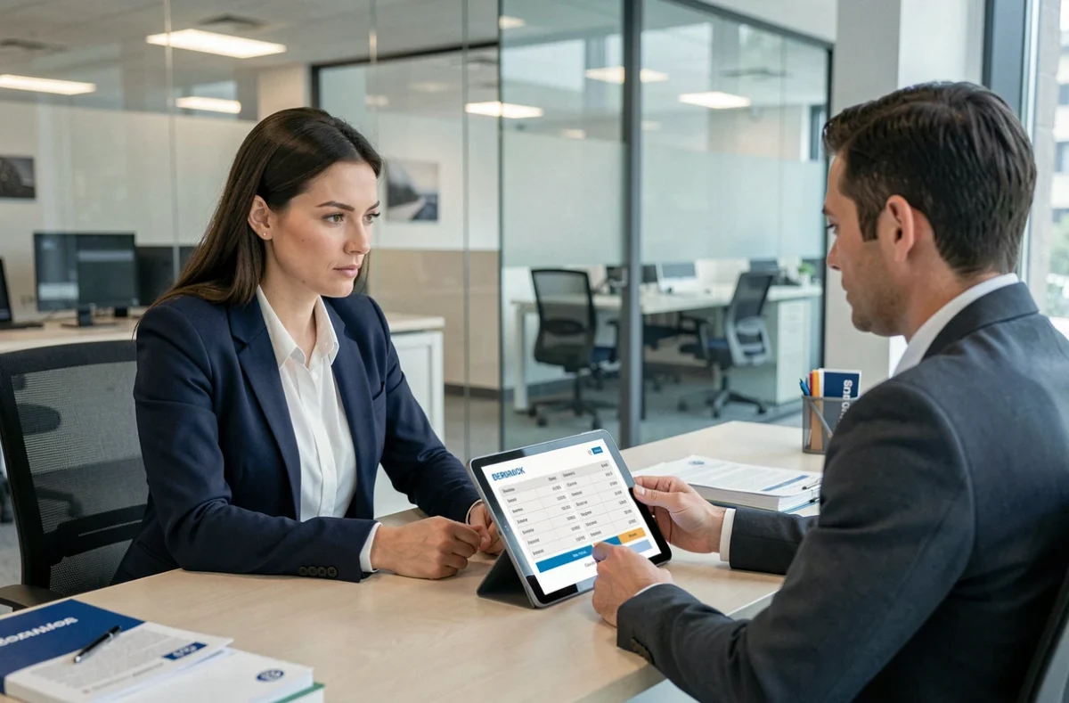 Femme en rendez-vous bancaire pour négocier son taux d'assurance de prêt immobilier