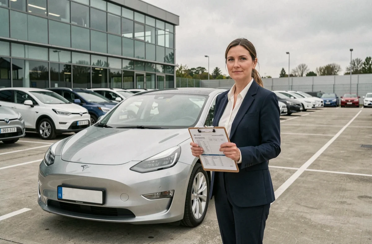 Responsable de flotte automobile vérifiant les exonérations TVS 2026 pour véhicule électrique en parking d'entreprise