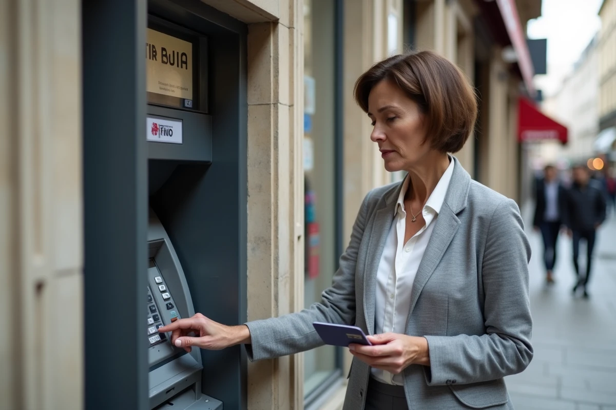 Femme effectuant un retrait au distributeur automatique Banque Postale dans une rue française, illustrant les plafonds de retrait