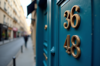 Rue parisienne avec porte bleue et numéros 36 48 en métal