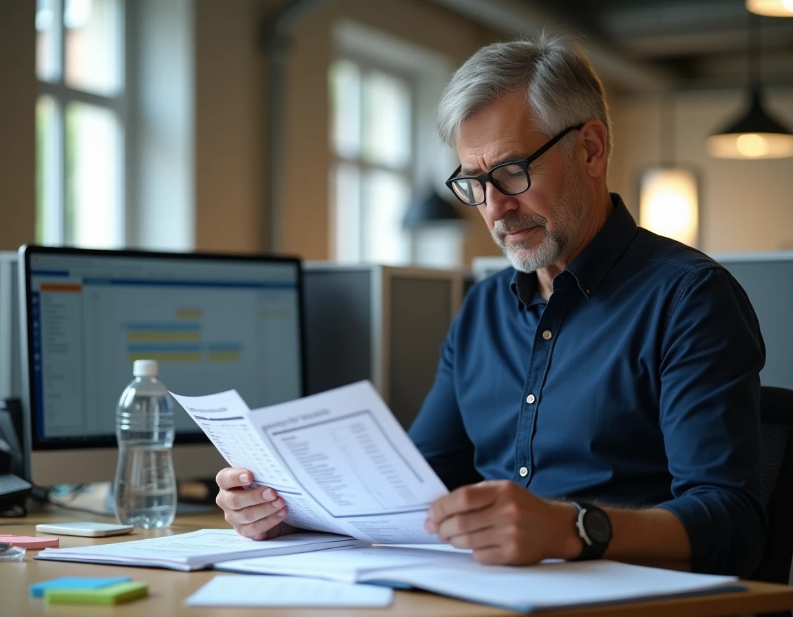 Salarié au bureau comparant sa fiche de paie avec un tableau budgétaire pour calculer son salaire net au SMIC