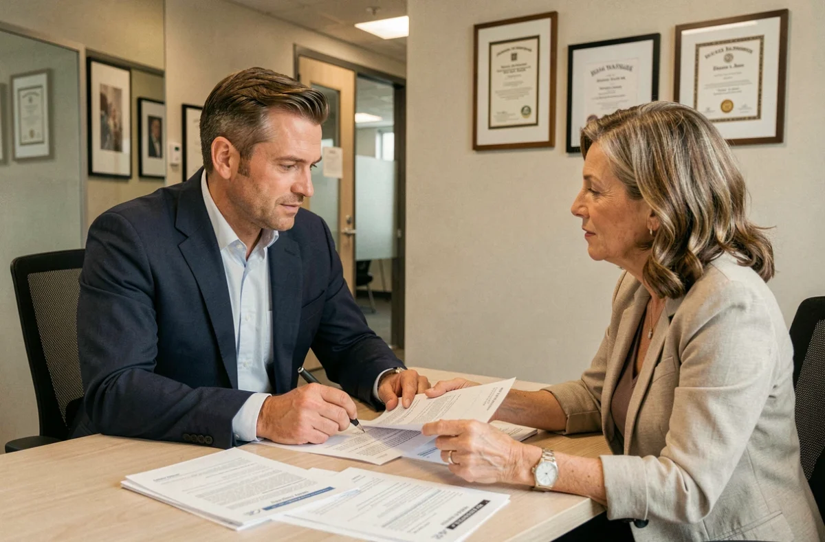 Conseiller de Services Developpt Vie Assurance discutant d'un contrat d'assurance vie avec une cliente