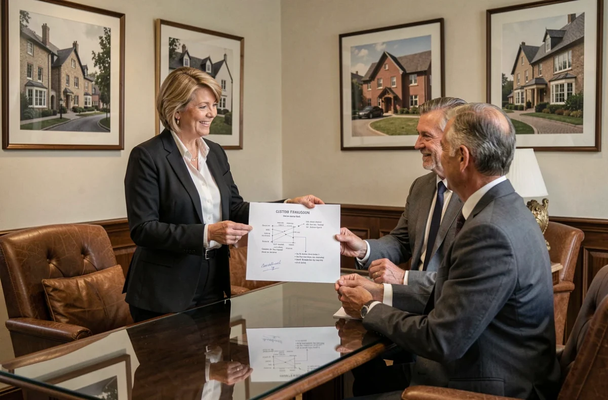 Courtière de Sibell Montauban présentant une solution financière sur mesure à un couple dans un bureau élégant et personnalisé