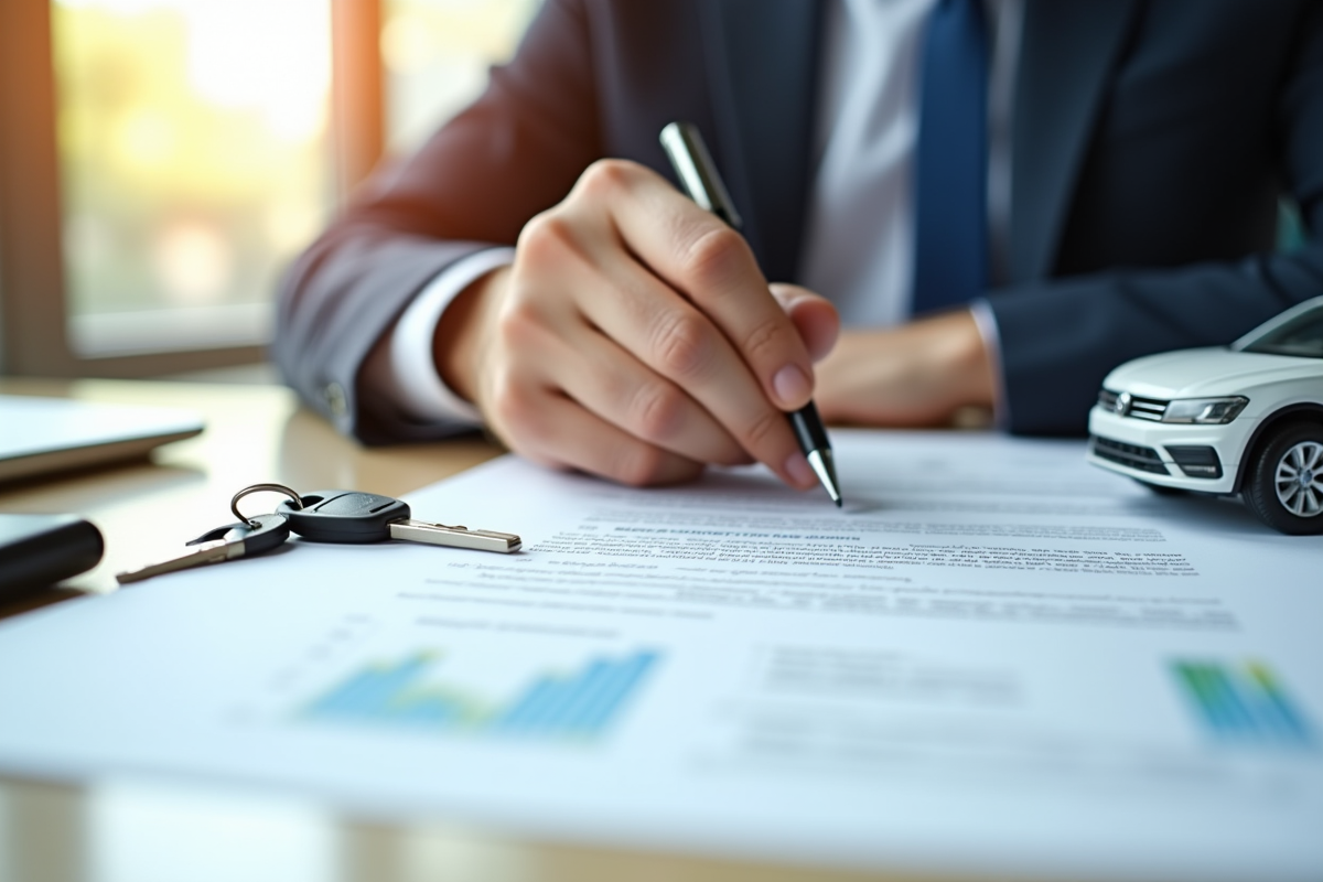 Main signant un contrat de financement auto avec clés et voiture miniature