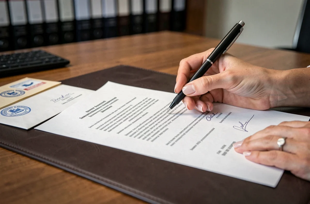 Gros plan sur une femme signant un document de substitution d'assurance emprunteur, démarche encadrée par la loi Hamon