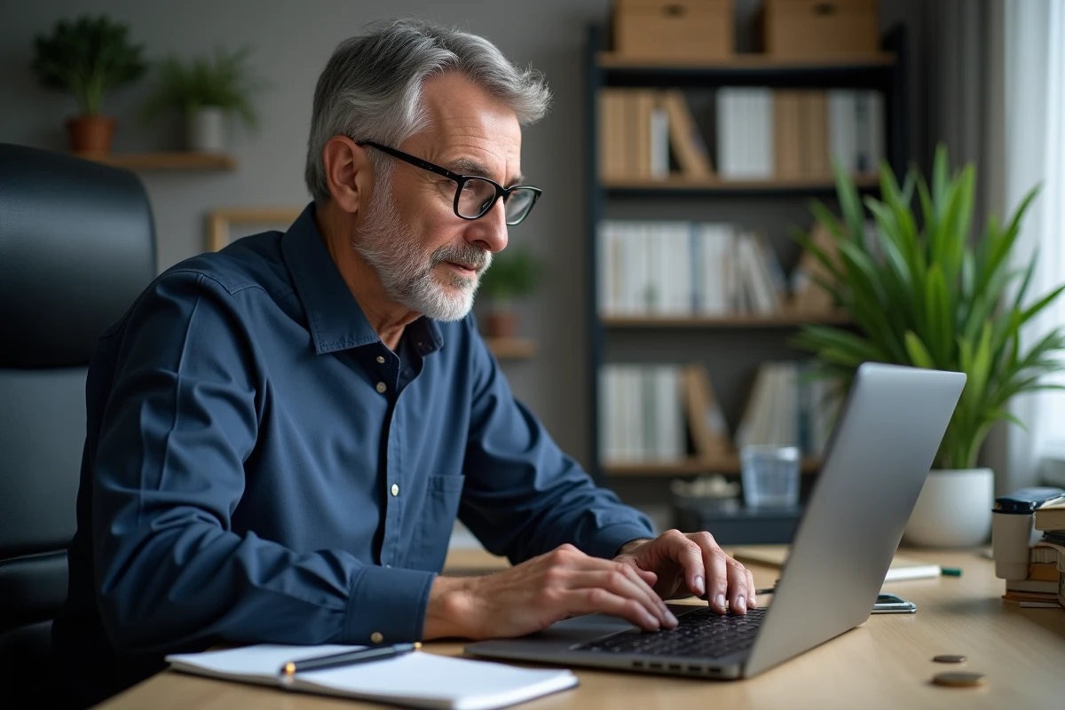 Homme consultant un simulateur de taux du livret A sur son ordinateur portable dans un bureau à domicile