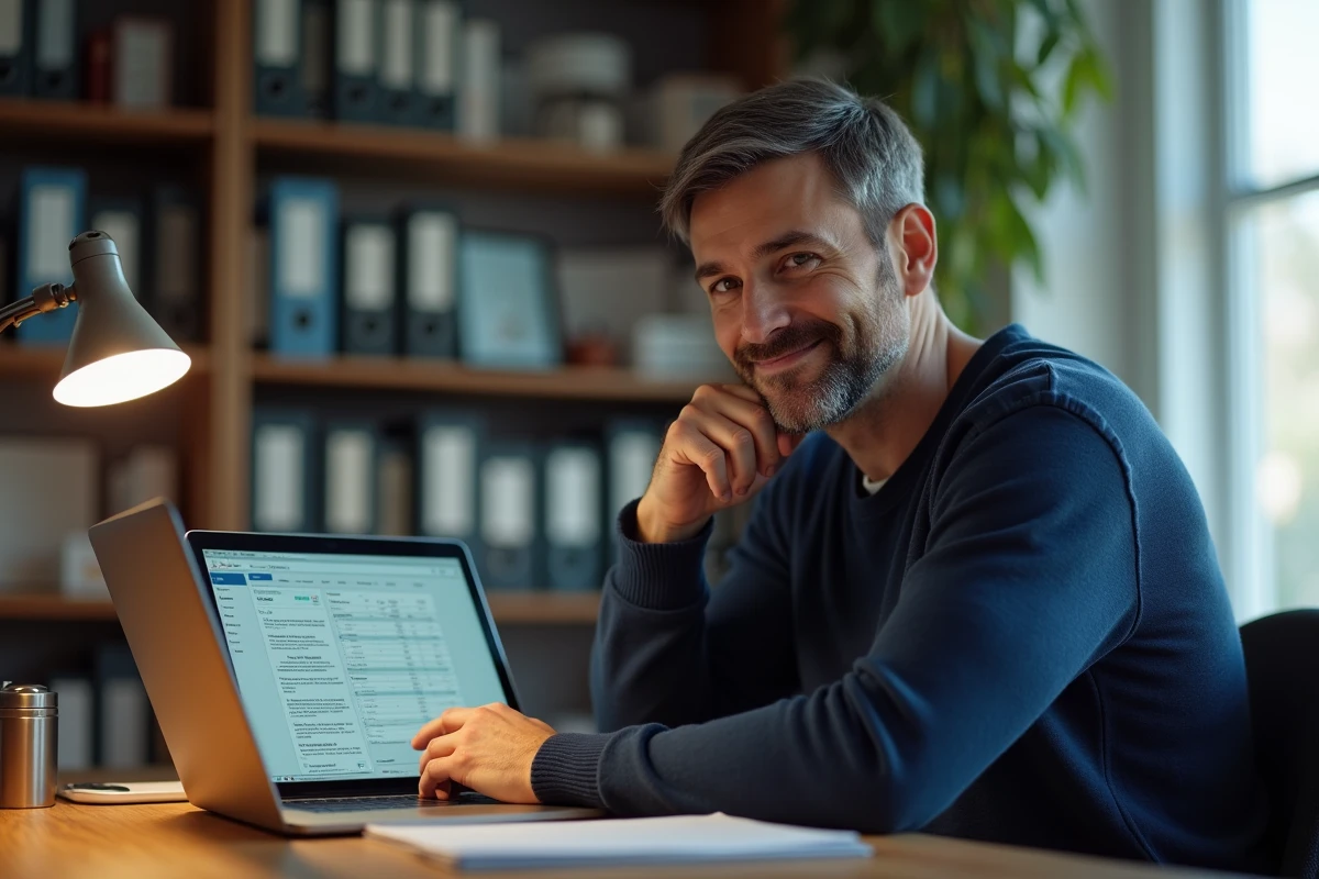 Homme en télétravail consultant un tableau de calcul de salaire horaire brut en net sur ordinateur portable