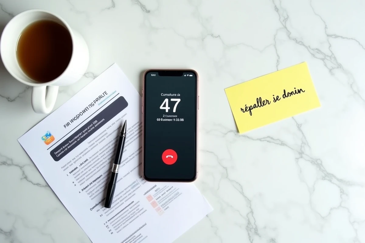 Gros plan d'un smartphone affichant un long appel au service téléphonique ECA Assurance avec documents d'assurance autour