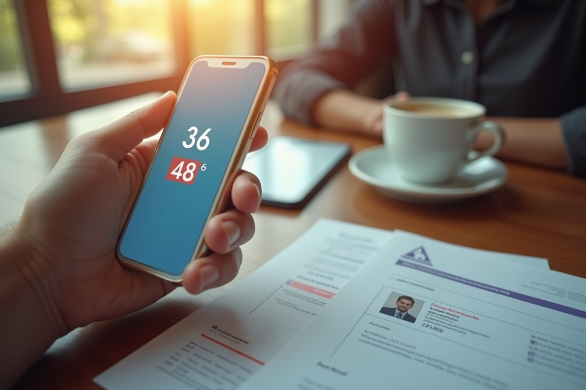 Smartphone affichant 36 48 dans une main sur une table en bois
