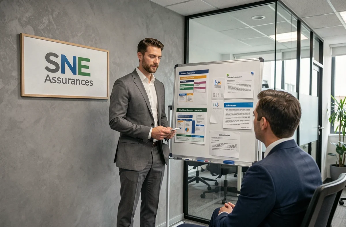 Conseiller de SNE Assurances présentant des options d'assurance à un client
