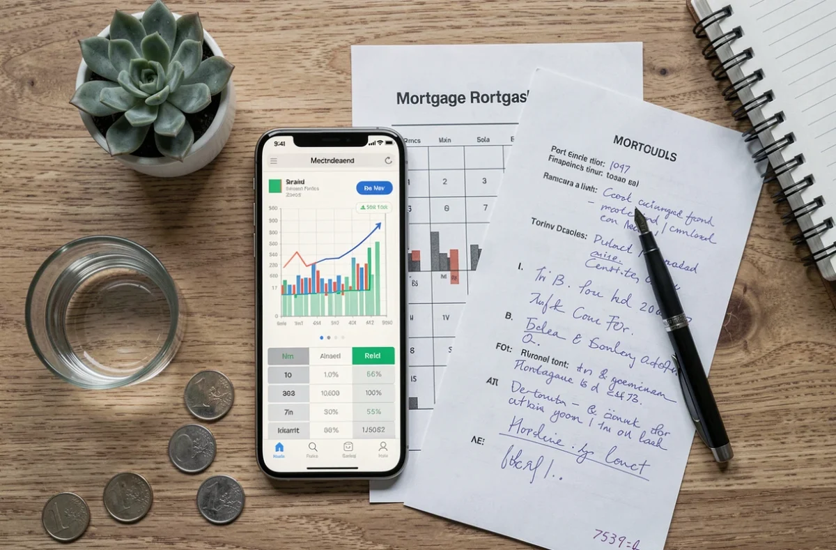Vue aérienne d'un bureau minimaliste avec graphique de taux Euribor sur smartphone et documents de prêt immobilier