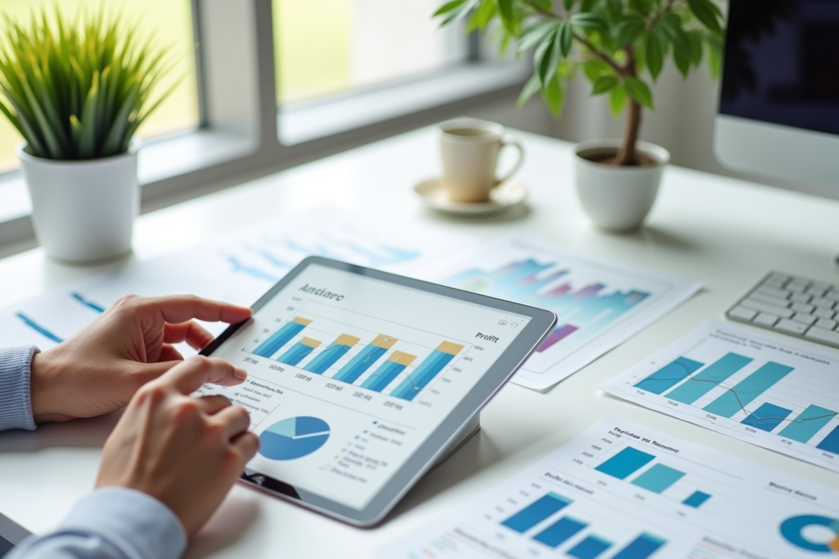 Mains utilisant une tablette pour comparer des graphiques de profits