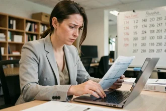 Femme comptable vérifiant une facture HT TTC sur ordinateur portable dans un bureau moderne