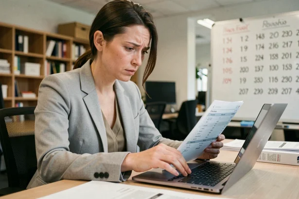 Femme comptable vérifiant une facture HT TTC sur ordinateur portable dans un bureau moderne