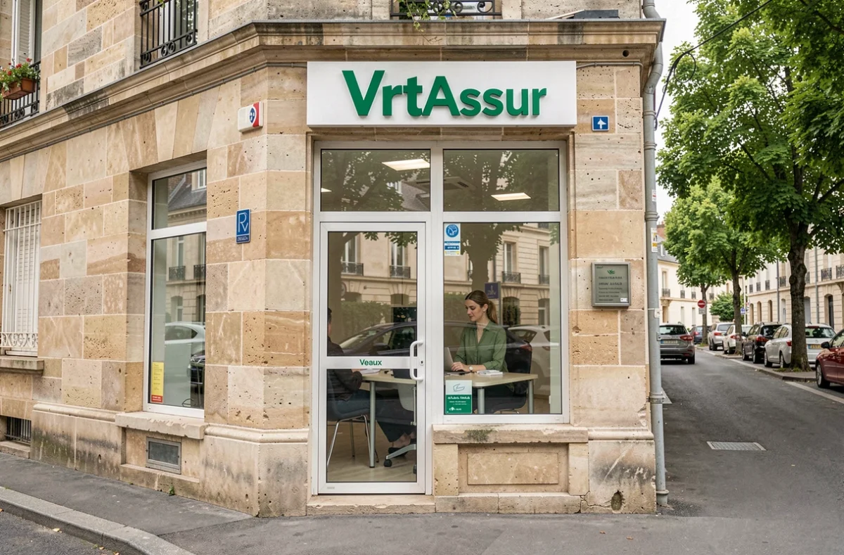 Devanture de l'agence Vert Assur à Meaux avec une conseillère aidant un client