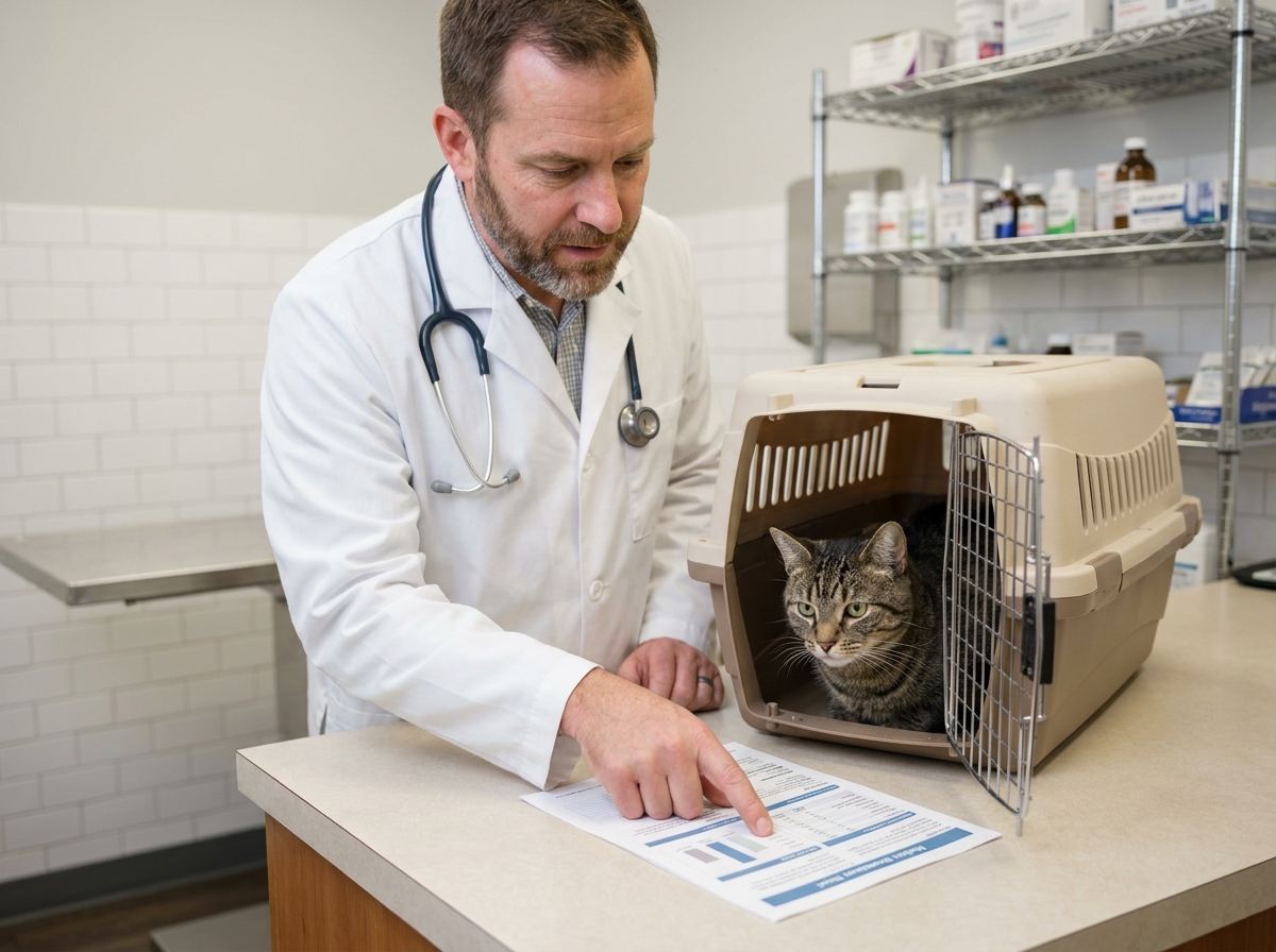 Vétérinaire expliquant les franchises et plafonds d'un contrat de mutuelle animale avec un chat dans sa cage dans une clinique vétérinaire