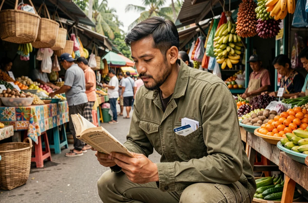 Voyageur en marché asiatique avec documents d'assurance voyage dans sa poche lors d'un tour du monde