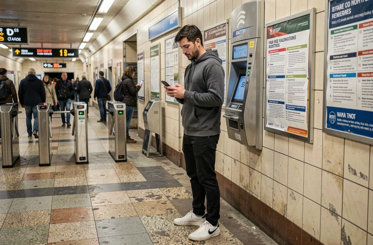 Homme consultant son téléphone près des tourniquets RATP en lisant les affichages de réglementation tarifaire