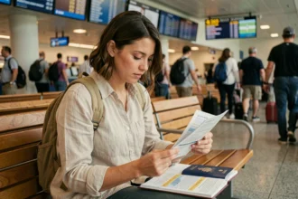 Voyageuse consultant son contrat d'assurance voyage dans un aéroport avant un tour du monde