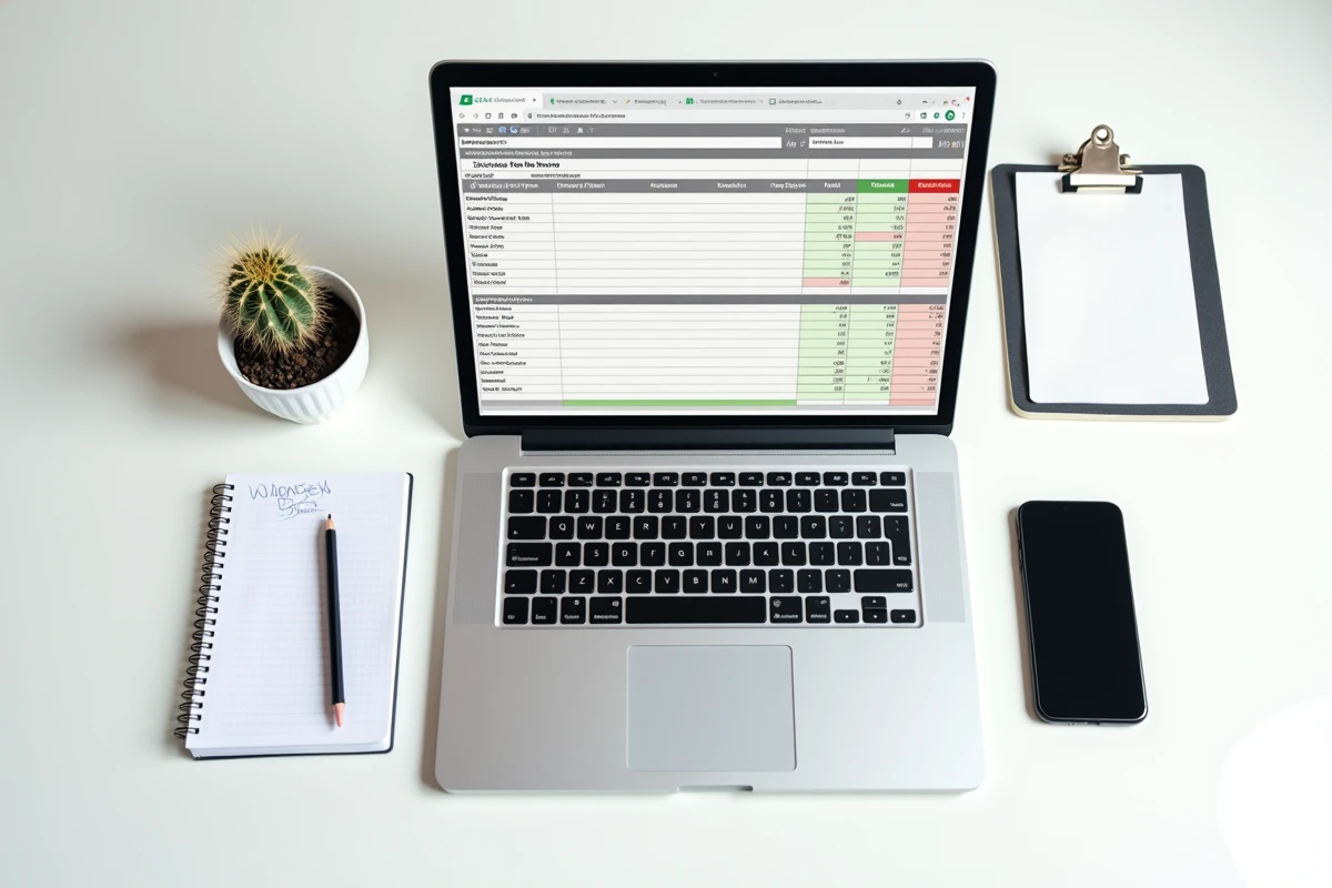 Vue aérienne d'un tableau budget mensuel automatique ouvert sur un ordinateur portable entouré de fournitures de bureau minimalistes
